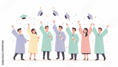 Graduates in Robes Celebrating with Caps.