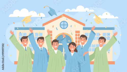 Graduates in Robes Celebrating with Diplomas.