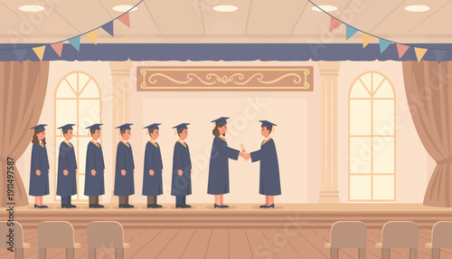 Graduates in Robes Receiving Diplomas on Stage.