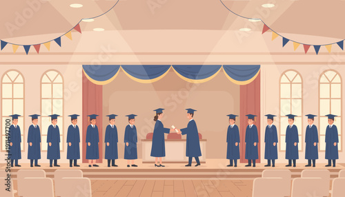 Graduation Ceremony People Wearing Blue Gowns.