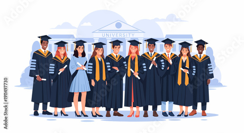 Group of Graduates in Caps and Gowns.