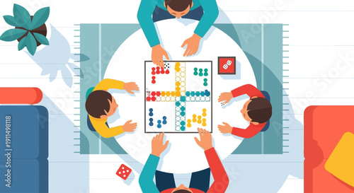 A multi-generational family gathers around a coffee table, engrossed in a strategic board game, presented in a vibrant flat design style. 