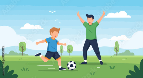 A father and son share a joyful moment playing soccer in a sunny park, promoting an active and healthy lifestyle, rendered in a dynamic flat design style. This illustration symbolizes outdoor fun and 