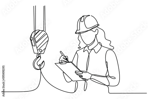 Construction Worker Inspecting Crane Hook with Clipboard, Single Line Drawing