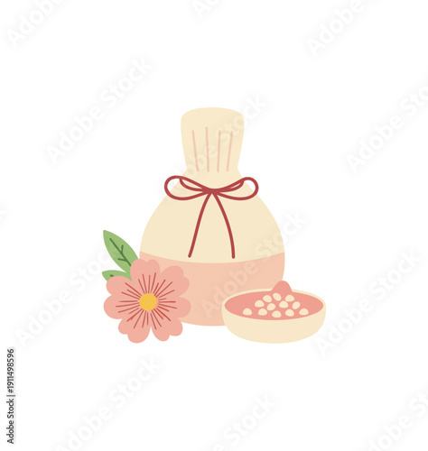 Spa treatment illustration herbal compress flower and aromatherapy oil