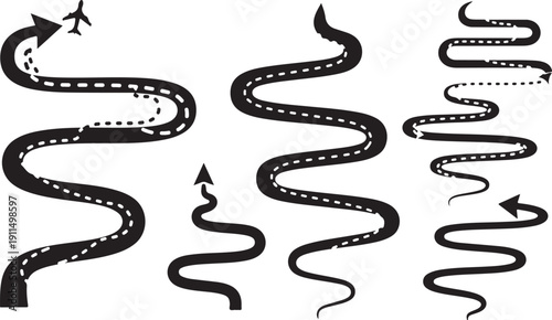 Collection of winding road paths with arrows and airplane