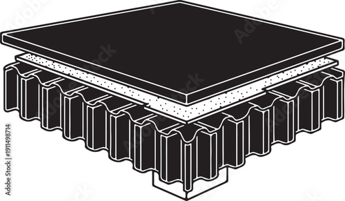 Isometric cross section of concrete slab floor system with corrugated steel decking and insulation layers for commercial building project
