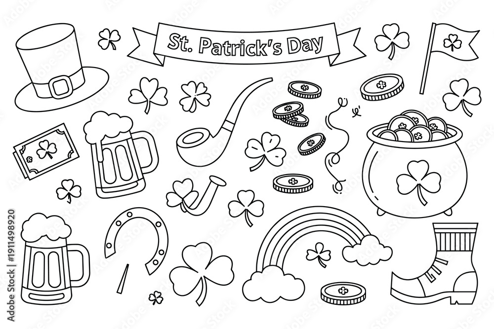 Fototapeta premium St. Patrick's Day Icons Leprechaun Hat, Beer Mug, Pot of Gold, Rainbow, Shamrock, Pipe, Horseshoe, Boot, Coin