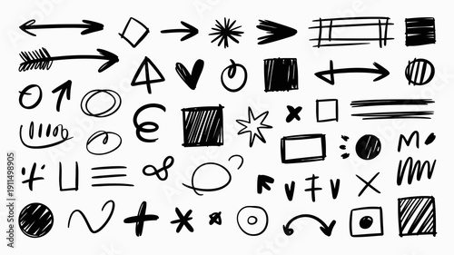 A collection of various hand drawn black doodles and symbols are scattered across a white background showcasing diverse artistic elements high quality professional detailed modern elegant