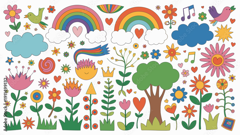 Naklejka premium A vibrant collection of illustrated stickers depicts a cheerful scene with rainbows birds flowers clouds and whimsical elements high quality professional detailed modern elegant stylish clean