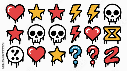 A collection of colorful dripping cartoon icons includes hearts stars skulls lightning bolts question marks and other playful symbols high quality professional detailed modern elegant stylish