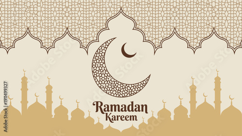 An elegant ramadan kareem greeting features a crescent moon and ornate islamic architectural elements in a warm neutral palette high quality professional detailed modern stylish clean