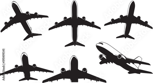 Airplane Silhouettes in Various Flight Positions and Angles Displayed