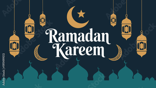 A vibrant ramadan kareem greeting features a golden crescent moon star ornate lanterns and a silhouetted mosque skyline high quality professional detailed modern elegant stylish clean