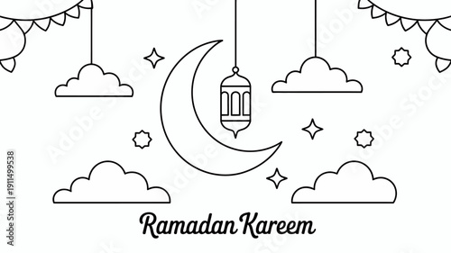 A delicate line drawing depicts a crescent moon with a lantern fluffy clouds and twinkling stars accompanied by the text ramadan kareem high quality professional detailed