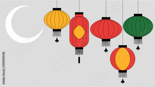 A colorful arrangement of traditional paper lanterns hangs against a pale gray background accompanied by a crescent moon high quality professional detailed modern elegant stylish clean
