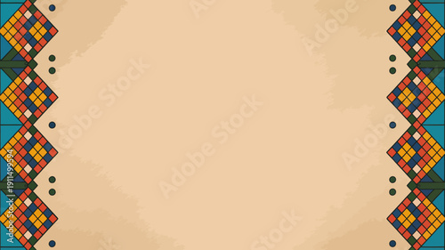 An ornamental border featuring geometric patterns in shades of teal orange and brown frames a neutral beige background high quality professional detailed modern elegant stylish clean