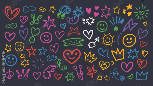 A vibrant collection of colorful doodles and hand drawn elements fills a dark background showcasing hearts stars crowns and joyful faces high quality professional detailed modern