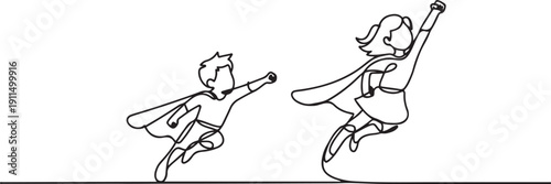 Continuous one line superhero kids. Children fly with hero cape, super boy and heroic girl.one line icon illustration with white background