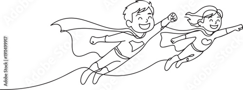 Continuous one line superhero kids. Children fly with hero cape, super boy and heroic girl.one line icon illustration with white background