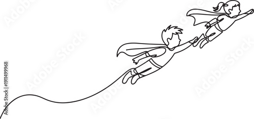 Continuous one line superhero kids. Children fly with hero cape, super boy and heroic girl.one line icon illustration with white background
