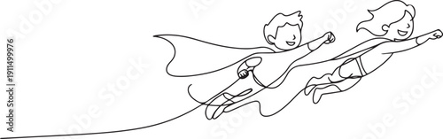 Continuous one line superhero kids. Children fly with hero cape, super boy and heroic girl.one line icon illustration with white background