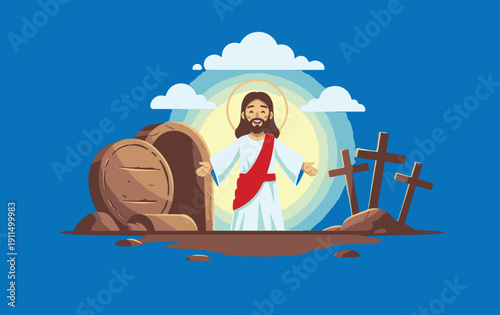 Easter sunday jesus christ resurrection scene with empty tomb and cross