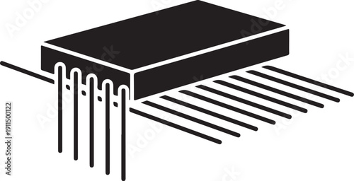 Side view of a rectangular computer chip or integrated circuit with numerous pins extending downwards