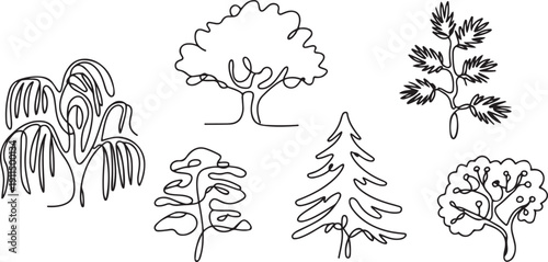 A set of continuous one line drawing trees of different species and shapes.one line icon illustration with white background