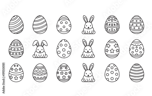 Easter sunday eggs and bunny illustrations for coloring