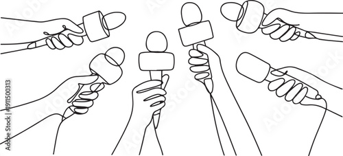 Continuous one line drawing hand with microphone. Journalism concept. Set of hands holding microphones. Press hands flat hand.one line icon illustration with white background