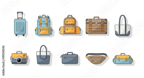 Collection of various travel bags and luggage on white background.
