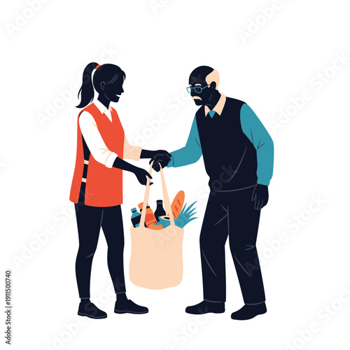 A silhouette illustration depicts a theft of groceries from a woman