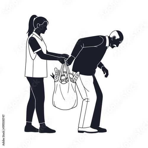 A young woman assists an elderly man struggling with grocery bags