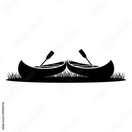 Two canoes resting in tall grass a minimalist black and white illustration