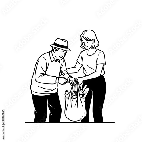 An elderly man and young woman share groceries in a simple illustration