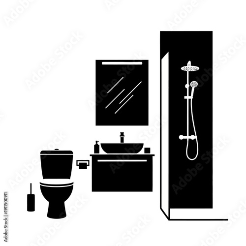 Black and white illustration of a modern bathroom interior design