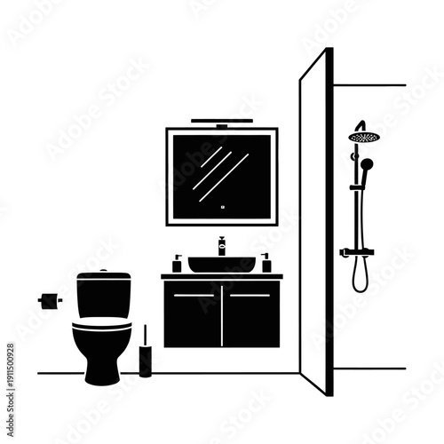 Black and white illustration of a modern bathroom interior layout