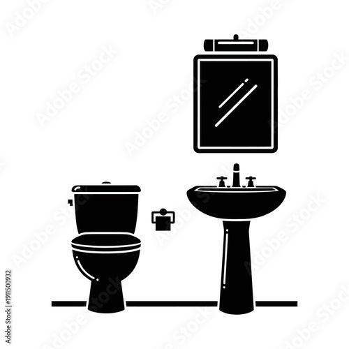 Black and white silhouette of a bathroom sink toilet and mirror