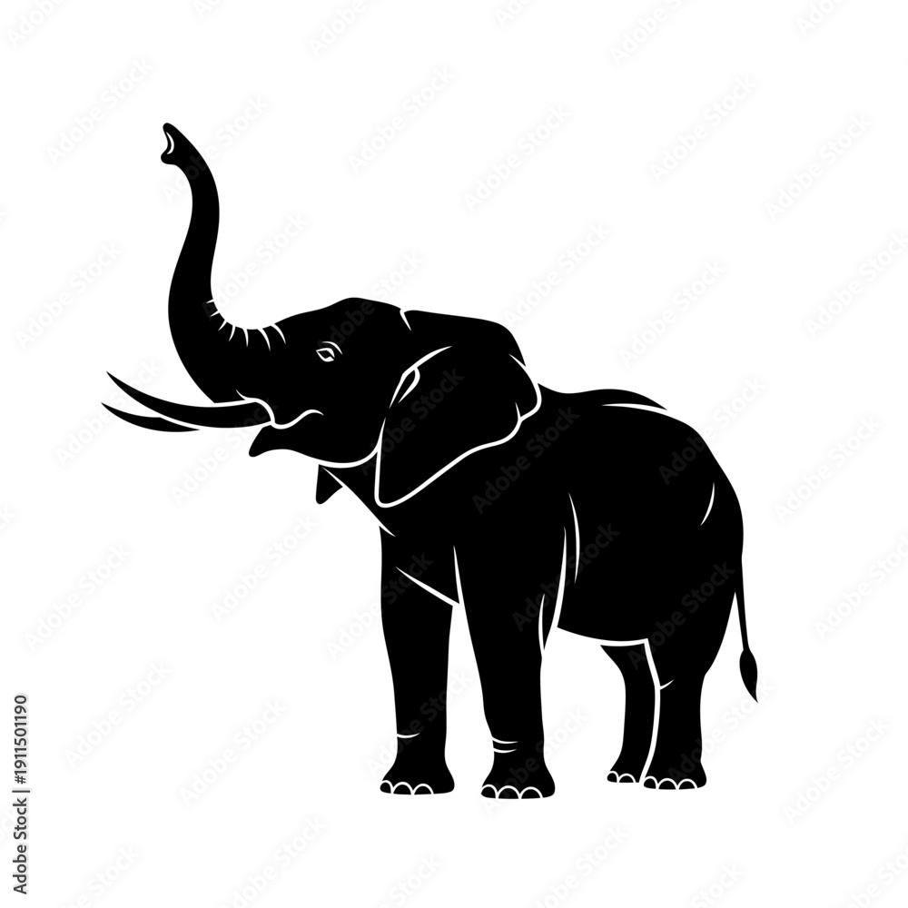 Obraz premium Black silhouette of an elephant with raised trunk side view