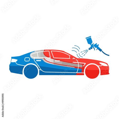 Stylized illustration of a car being spray painted with red and blue