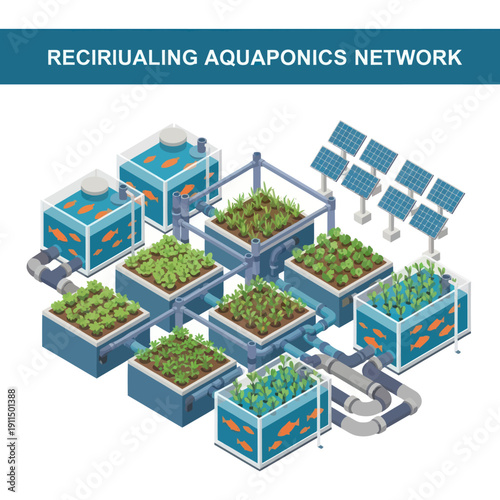 Aquaponics System with Solar Panels and Plants.