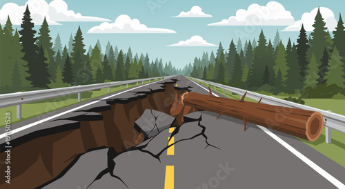 Vector illustration of a broken road after earthquake, fallen tree and cracked asphalt on a highway