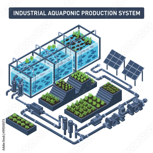 Industrial Aquaponic System with Solar Panels.