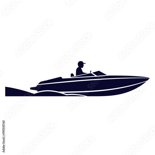 Silhouette of a speed boat with a driver navigating on water