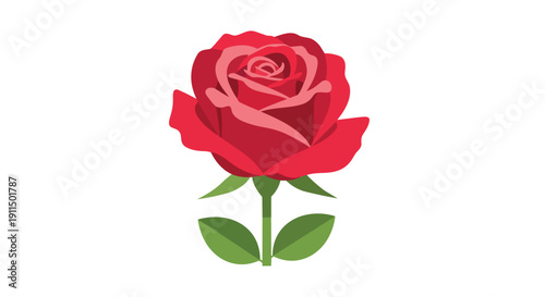 A vibrant scarlet rose illustration, featuring delicately layered petals, a sturdy green stem, and fresh leaves, embodying classic beauty, romance,
