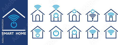 Modern smart home automation line icon set featuring WiFi signal, power button, IoT connectivity, and house technology symbols in clean blue outline style.