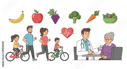 Flat Illustration Healthy Lifestyle Family Exercising and Senior Woman Doctor Visit