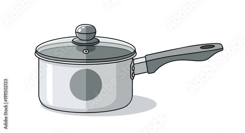 A clean, minimalist illustration of a modern kitchen saucepan featuring a transparent lid and comfortable ergonomic handle, ideal for diverse
