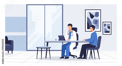 Modern Flat Illustration of Doctor Consulting Patient in Hospital Room